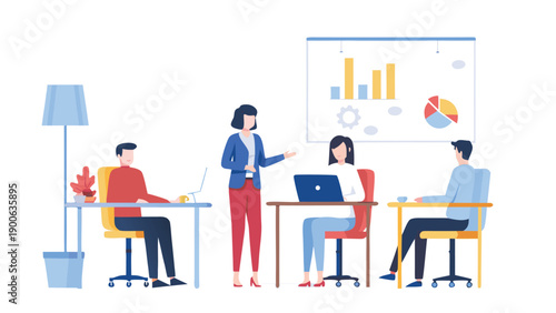 vector illustration of diverse office workers collaborating, woman presenting data on whiteboard, coworkers using laptops, for business or marketing materials, isolated on transparent background, png