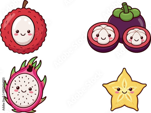 Cute tropical fruit character set with lychee, mangosteen, dragon fruit and starfruit, adorable kawaii cartoon flat vector illustration for food and kids design
