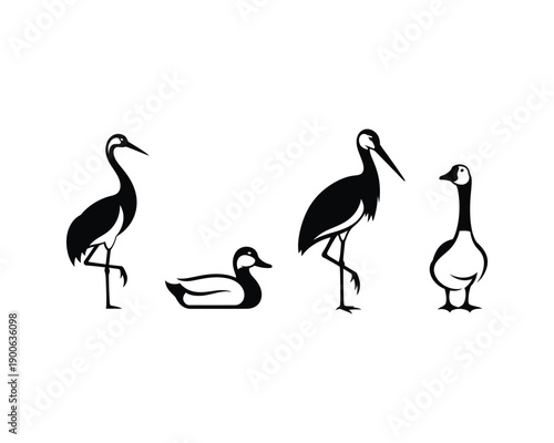 Crane, Stork, Duck, Goose vector silhouette illustration design set collection, crane silhouette, stork silhouette, duck silhouette, goose silhouette, bird silhouettes vector set, waterfowl 