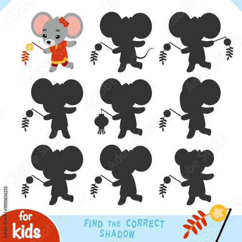 Cute zodiac rat and festive objects as symbol of the Chinese New Year. Find the correct shadow game for preschool and kindergarten kids. Fun educational activity for learning focus and shapes