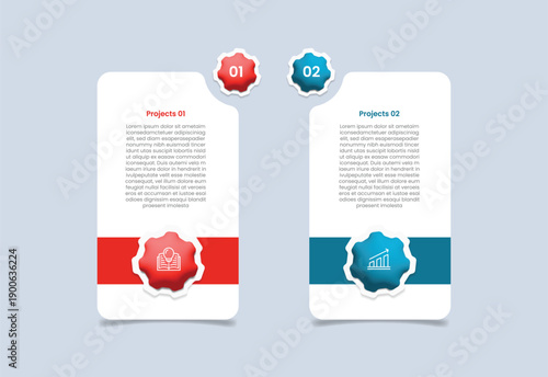 2 points comparison for infographic with glossy gradient style with vertical tall box with gear badge opposite two point list information