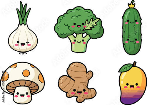 Cute vegetable and fruit character set with onion, broccoli, cucumber, mushroom, ginger and mango, adorable kawaii cartoon flat vector illustration for food and kids design
