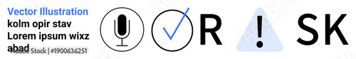 Risk management, decision-making, evaluation processes, security, analysis, business operations. Microphone, checkmark alert and risk typography. Risk management and decision-making concept