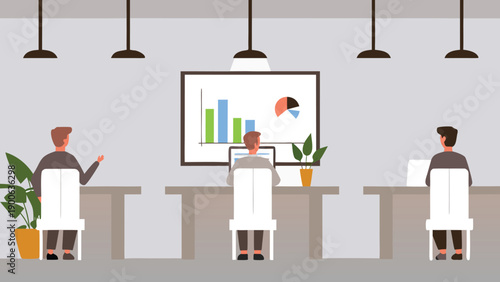 Vector illustration of people working at desks with computers and a presentation screen, office workspace for mockup or website