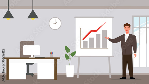 Businessman presenting bar chart with red line graph on whiteboard in modern office, for presentation or marketing material
