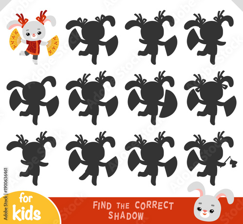 Cute zodiac rabbit and asian fans as symbol of the Chinese New Year. Find the correct shadow game for preschool and kindergarten kids. Fun educational activity for learning focus and shapes