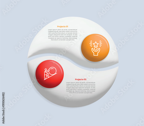 2 points comparison for infographic with glossy gradient style with big circle slice cut up and down with circle badge inside two point list information