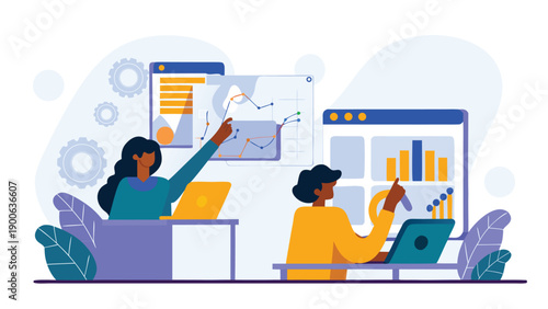 Vector illustration of two people working on laptops with graphs and charts, for business presentation or website, Isolated on transparent background, png
