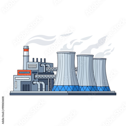 Industrial Power Plant with Cooling Towers and Smoke Stacks