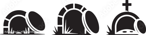 Empty tomb of Jesus Christ vector silhouette set. Christian Easter resurrection symbol icons