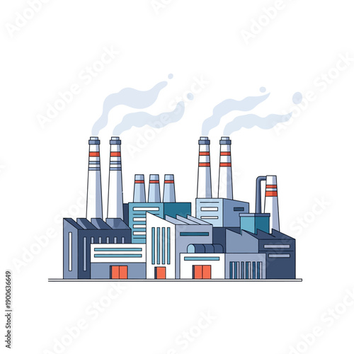 Modern Factory Building with Smokestacks Emitting Smoke - Industrial Landscape Illustration