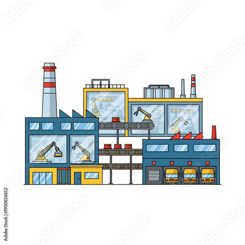 Robot arm assembly line in modern factory building, automated production process