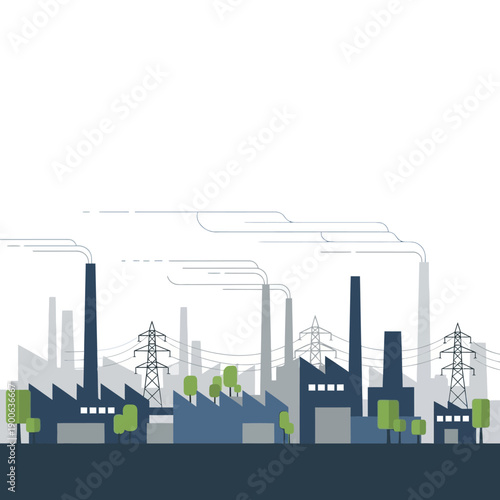 Industrial landscape with factories, smokestacks, and power lines, vector illustration