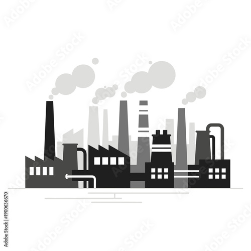 Modern Industrial Factory Landscape with Smokestacks Emitting Smoke