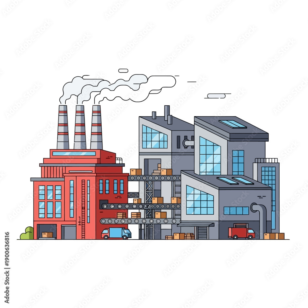 Obraz premium Modern factory complex with smoking chimneys, loading docks, and delivery trucks.