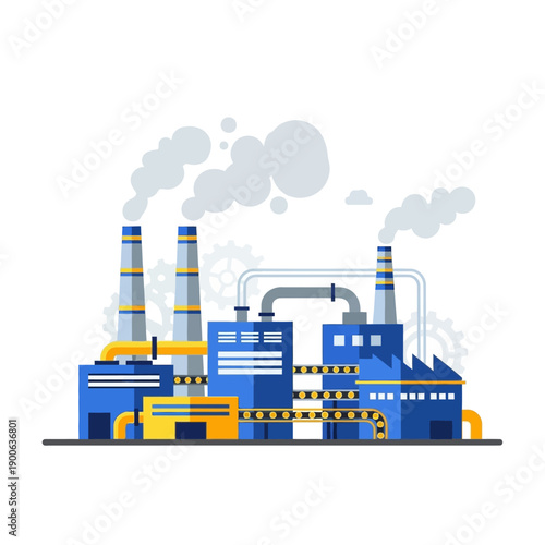 Modern Industrial Factory Building with Smoke Stacks and Conveyor Belts