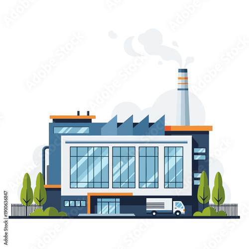 Modern factory building with smokestack and delivery truck, flat design illustration