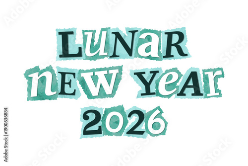 Lunar New Year 2026 magazine cutout message clip art. Vector illustration with New Year text in 90s design for sticker, print, badge