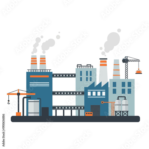 Modern Industrial Factory Building with Smokestacks and Cranes
