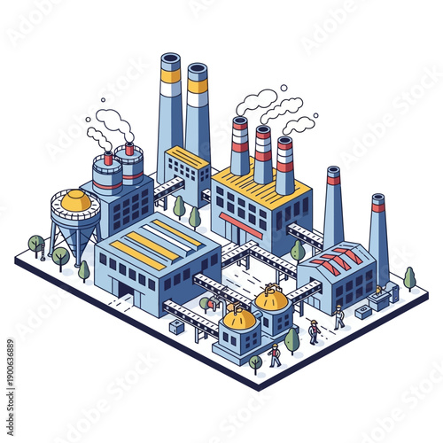 Isometric Factory Complex with Smokestacks and Industrial Buildings