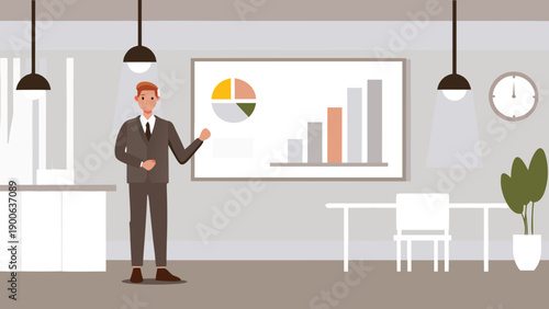 Businessman presenting chart on whiteboard in modern office, vector illustration for presentation or website