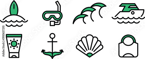 Waves, yacht, Surfing, snorkeling Icons Set, Minimal Line Style for Website, UI UX