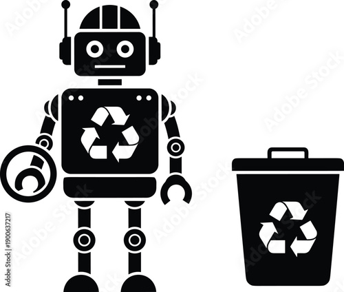 Recycling robot silhouette illustration, eco friendly artificial intelligence technology with recycle symbol and trash bin isolated white background concept