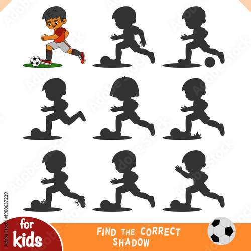 Find the correct shadow educational game for kids. Cute football boy is running and kicking a ball. Vector illustration. Logic worksheet for preschool activities and sports themed projects