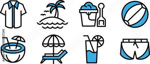 Coconut, sand castle, juice, beach Icons Set, Minimal Line Style for Website, UI UX
