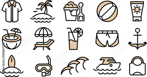 Holiday, Beachwear and Travel Icons Set, Minimal Line Style for Website, UI UX