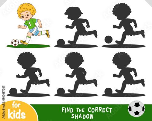 Find the correct shadow educational game for kids. Cute football boy is running and kicking a ball. Vector illustration. Logic worksheet for preschool activities and sports themed projects