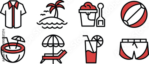 Juice, beach, Coconut, sand castle Icons Set, Minimal Line Style for Website, UI UX