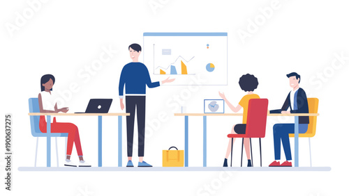 Vector illustration of four diverse people collaborating in office setting with laptops and whiteboard, for business presentation or team meeting mockup
