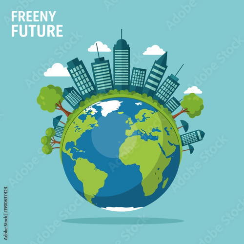 Eco-friendly city skyline on planet earth, sustainability concept illustration