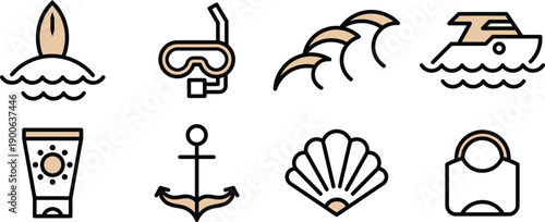 Surfing, snorkeling, waves, yacht Icons Set, Minimal Line Style for Website, UI UX