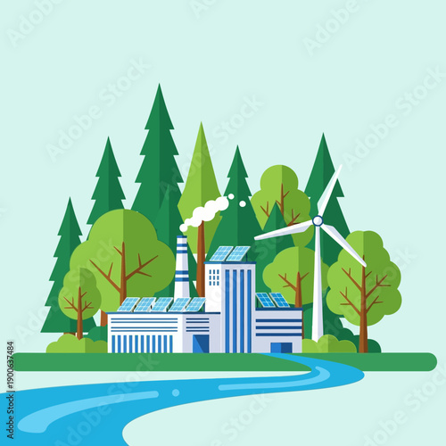 Eco-friendly factory with solar panels and wind turbine in a forest landscape