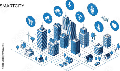 Smart city isometric illustration, connected buildings infrastructure, IoT services, wireless technology, digital urban ecosystem, future city network concept
