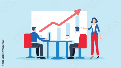 Business team meeting with graph and laptop, vector illustration for presentation or website
