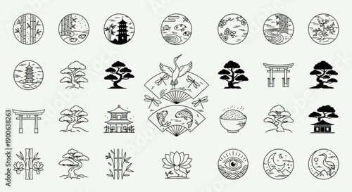 Set of Traditional East Asian Cultural Symbols and Motifs in Minimalist Line Art Style