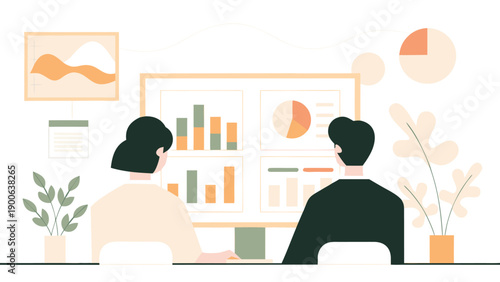 Vector illustration of two people analyzing data on a computer, surrounded by charts and graphs, for presentation or website, isolated on transparent background, png