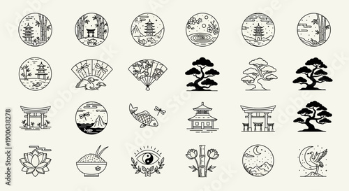 Collection of Traditional East Asian Cultural Icons and Symbols in Line Art Style