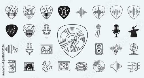 Collection of Outline Music and Audio Equipment Icons on Light Background