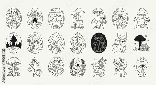 Collection of Esoteric Nature and Woodland Creature Line Art Badges
