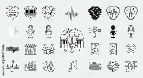 Collection of Monochromatic Music Production and Audio Icons for Design Projects