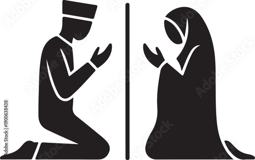 Flat islamic prayer icon design, muslim man and woman illustration template vector