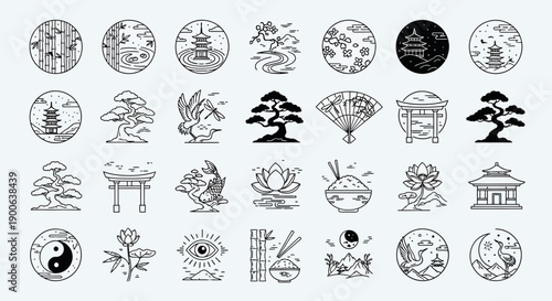 Collection of Minimalist Line Art Icons Featuring Traditional East Asian Cultural Elements