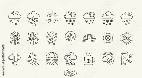 Outline Weather Icons Set Representing Seasonal Changes and Climate Conditions