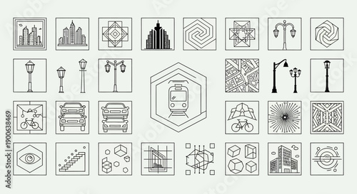 Set of Minimalist Line Art Icons Representing Urban Transport and City Infrastructure Elements