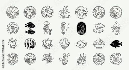 Collection of Hand Drawn Marine Life and Ocean Elements Line Art Icons Set