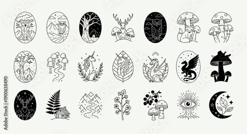 Collection of Vintage Outline Style Mystical Woodland and Nature Icons for Design